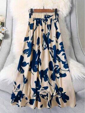 EARO Women High Waist Abstract Floral A-Line Midi Elastic Waist Pleated Skirt, S